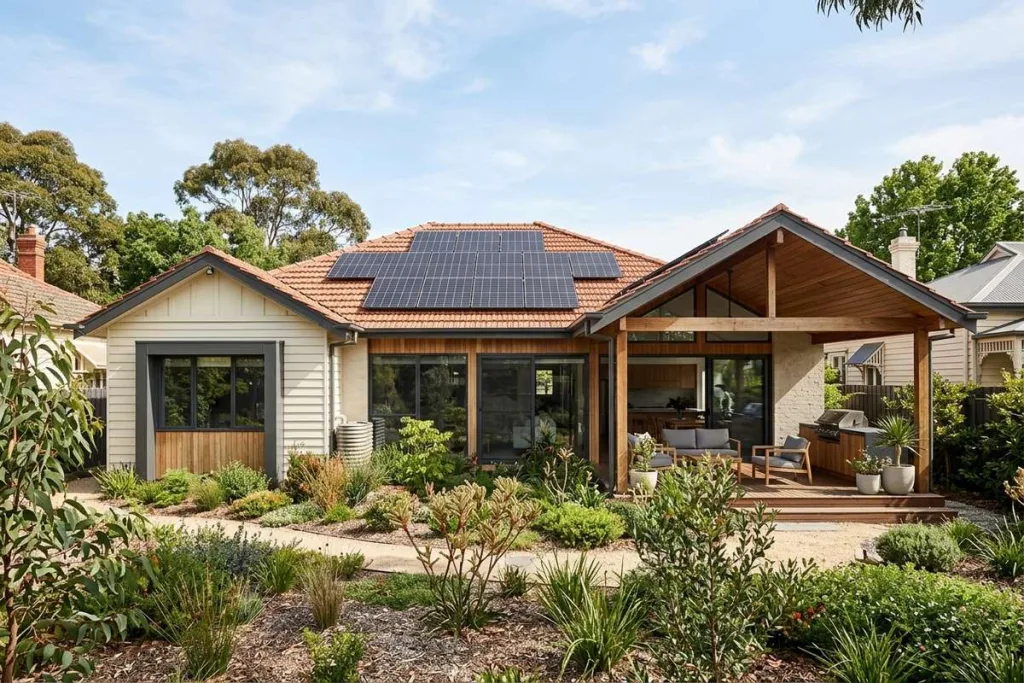 Energy-efficient custom home in Melbourne with solar panels and sustainable design features