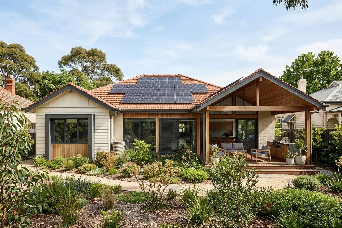 Energy-efficient custom home in Melbourne with solar panels and sustainable design features