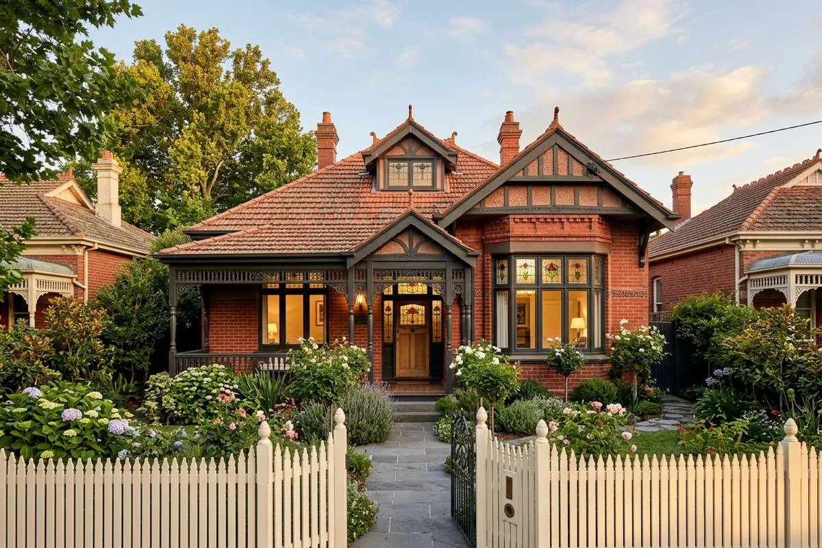 Stunning Federation-style home in Melbourne with red brick facade and decorative timber verandah