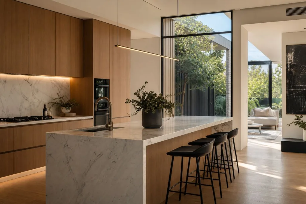 Premium kitchen interior in a custom-built Melbourne home with stone benchtops and timber cabinetry