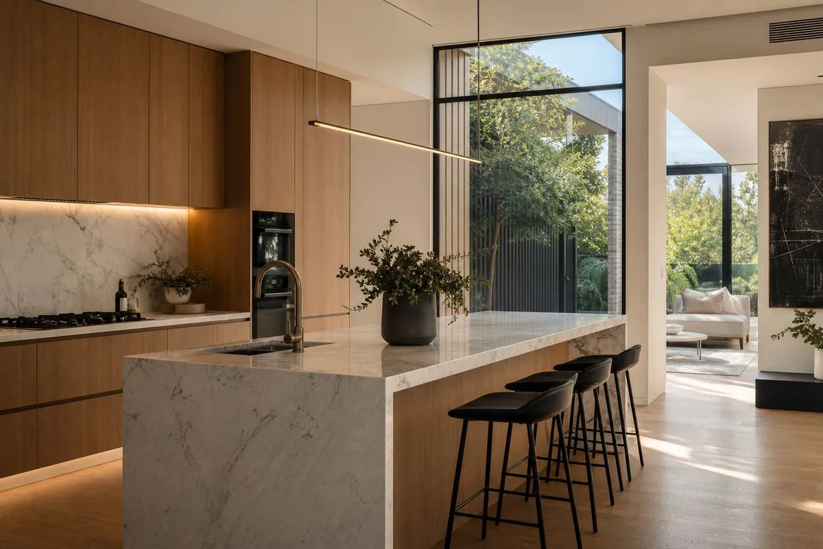 Premium kitchen interior in a custom-built Melbourne home with stone benchtops and timber cabinetry