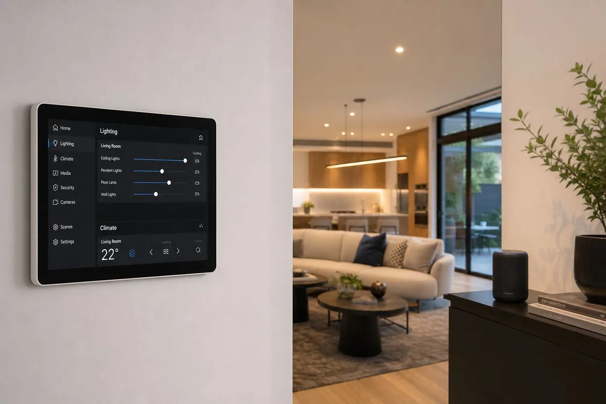 Smart home control panel with touchscreen automation in a custom-built Melbourne home