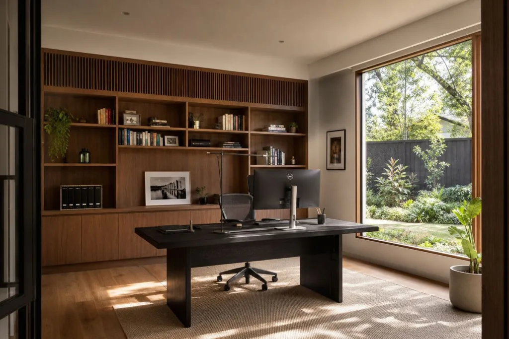 Stylish home office design in Melbourne custom-built home with built-in shelving and garden views