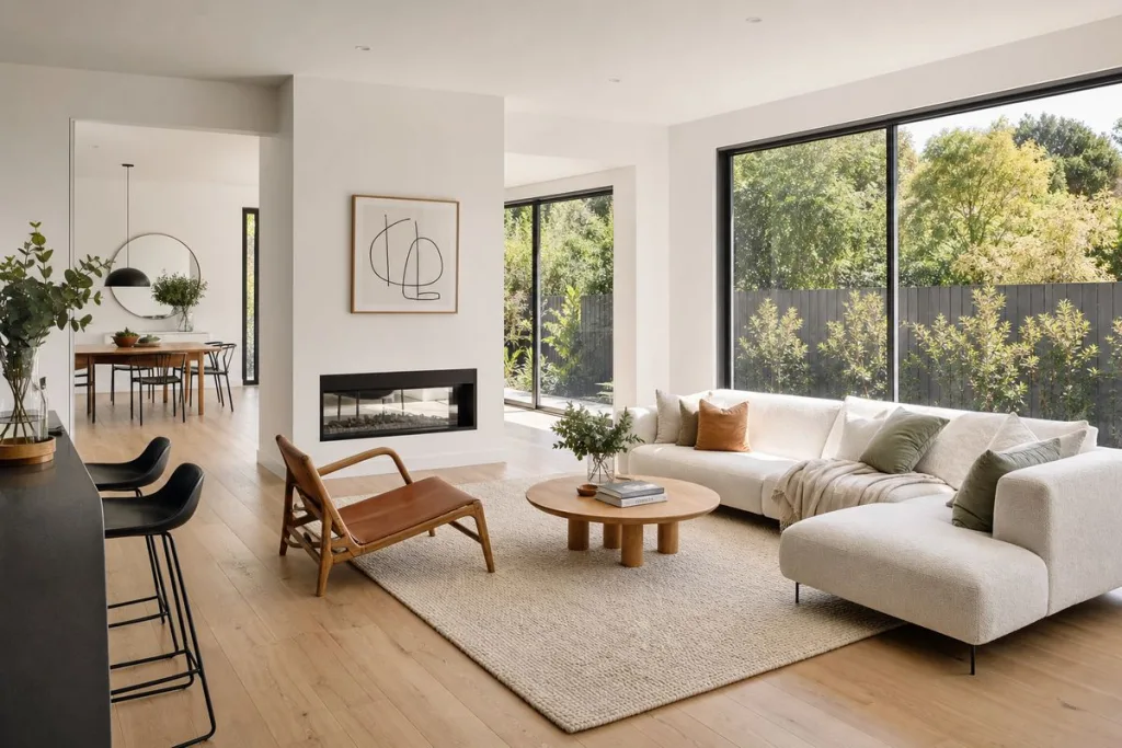 Bright sun-filled living room with large windows maximising natural light in Melbourne custom home