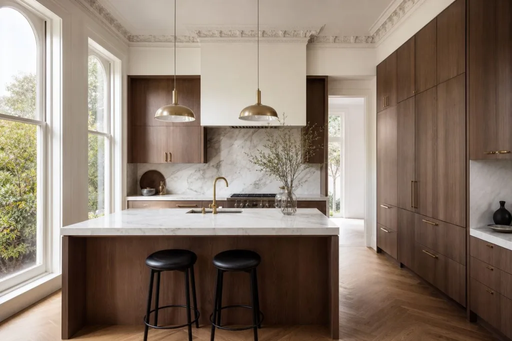 Modern kitchen design in a Melbourne heritage-style custom home with marble island bench and timber cabinetry