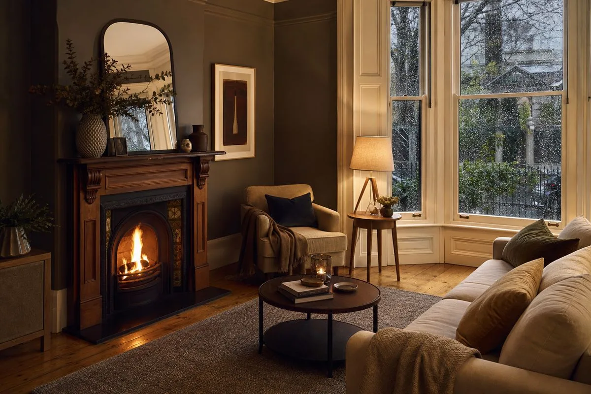Cosy winter interior of a Melbourne heritage home with fireplace and warm timber floors