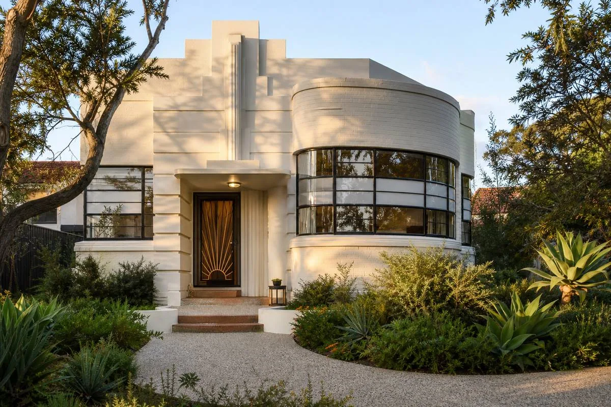 Art Deco custom home facade in Melbourne with curved corner, Crittal windows and rendered brick exterior