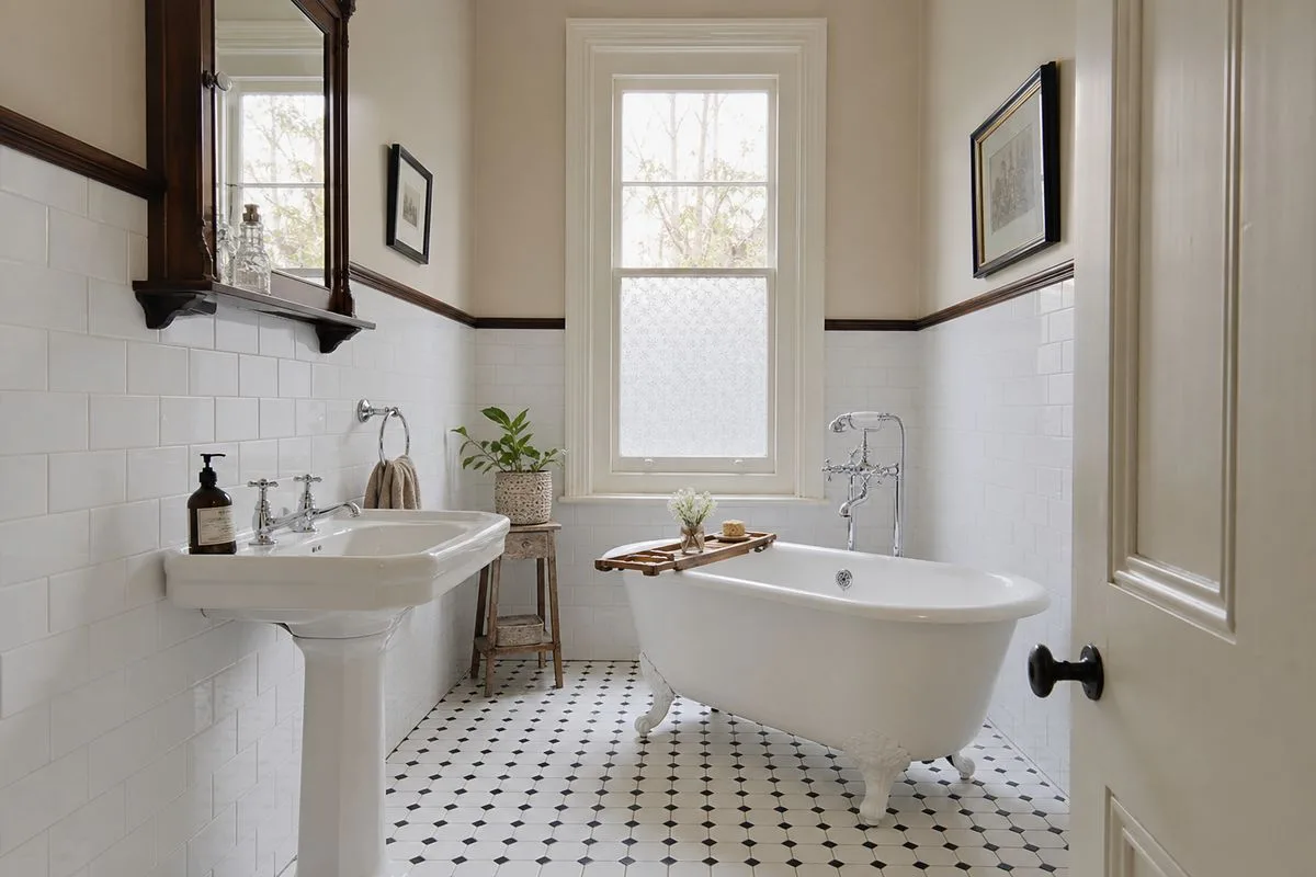 Period-style bathroom in a Melbourne heritage home with subway tiles, hexagonal floor tiles and a freestanding bath