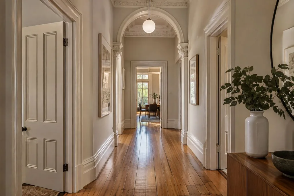 Restored Melbourne heritage hallway with Baltic pine floors and period timber joinery